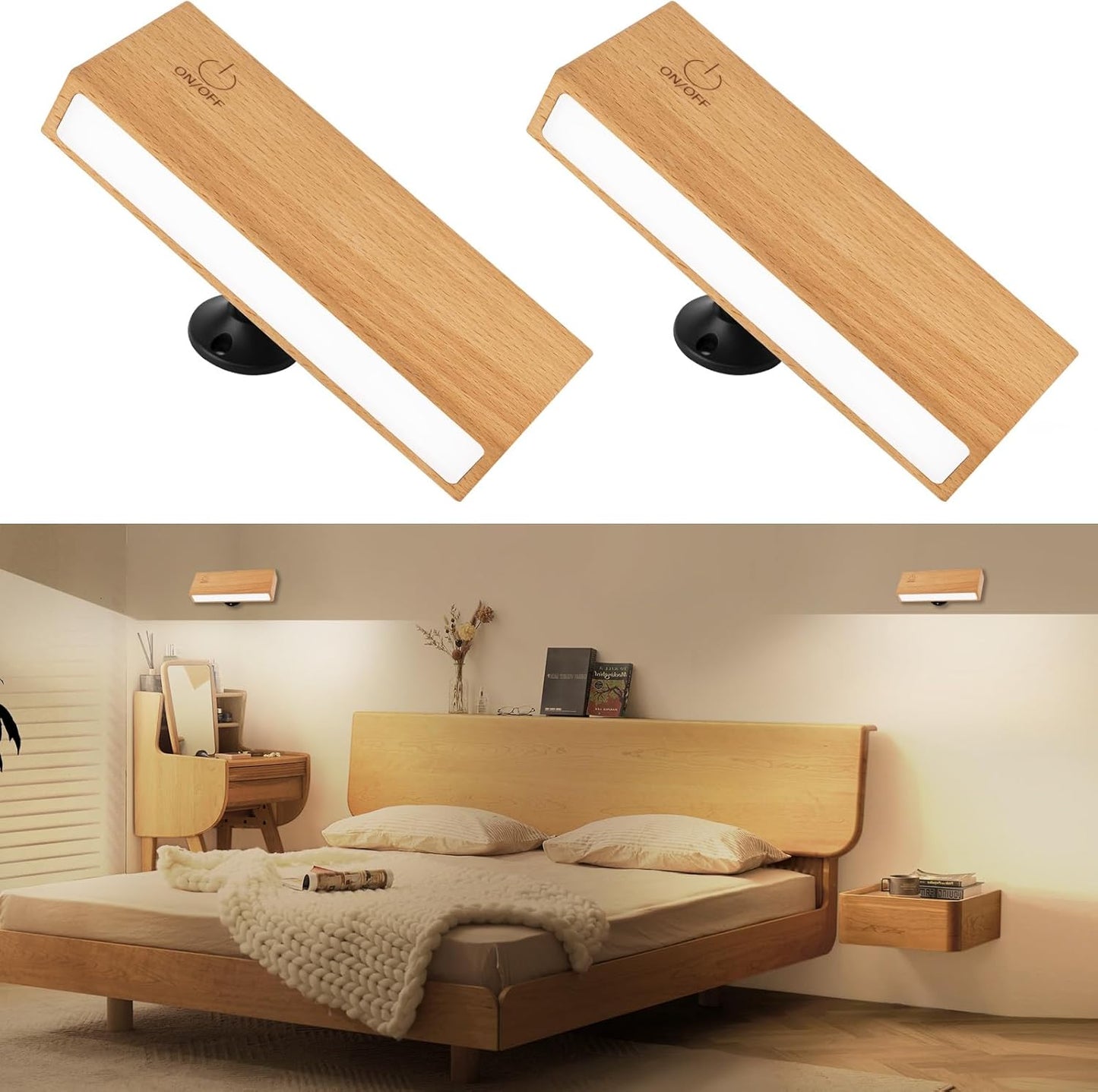 Wall Sconces Set of Two - Wireless Wall Lights for Bedroom, Rechargeable WallSconces Battery Operated with Stepless Dimming, Cordless SconceWall Decor Set of 2 for Picture,Living Room